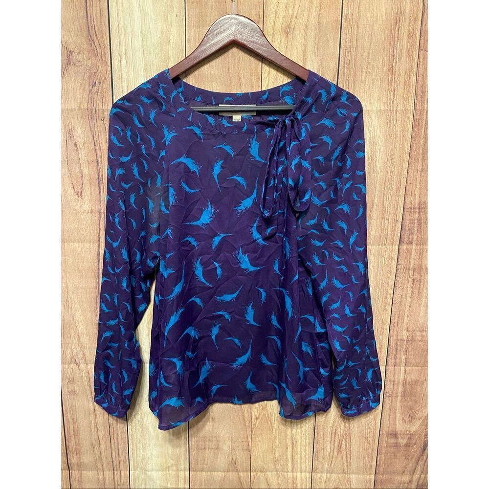 LOFT XS Purple Turquoise Feather Print Top blouse shirt slightly sheer bow